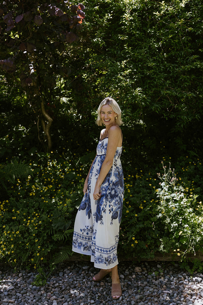 Scallop Trim Floral Midi Dress - Blue