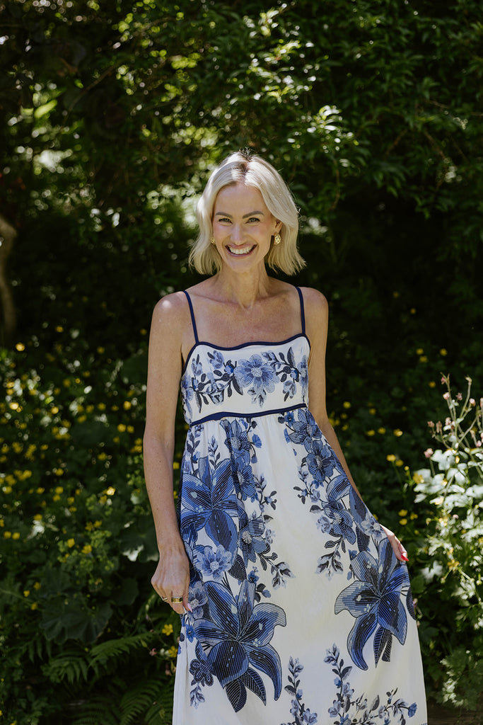 Scallop Trim Floral Midi Dress - Blue