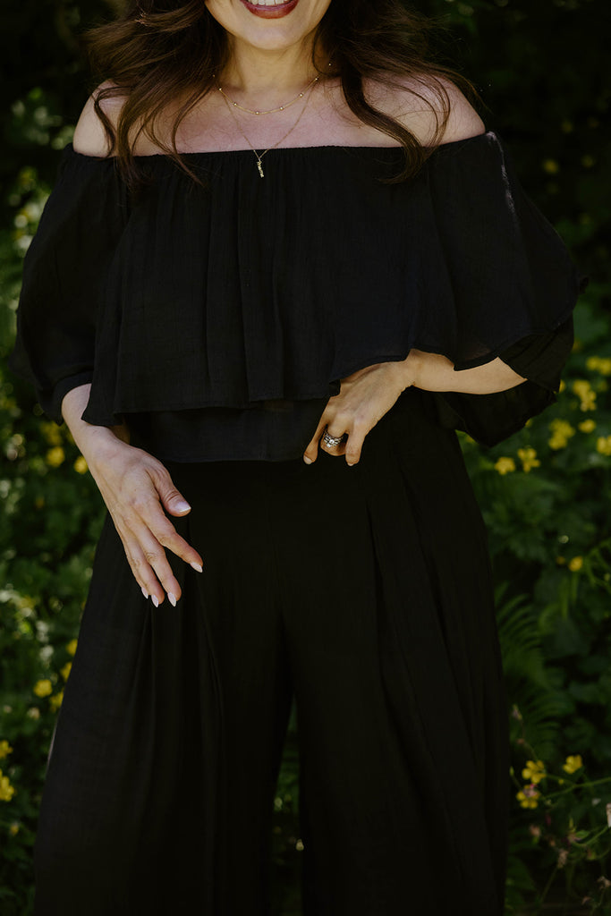 Drape Off Shoulder Top & Flowy Pant - Black
