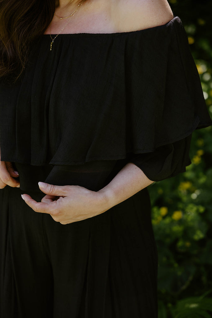 Drape Off Shoulder Top & Flowy Pant - Black