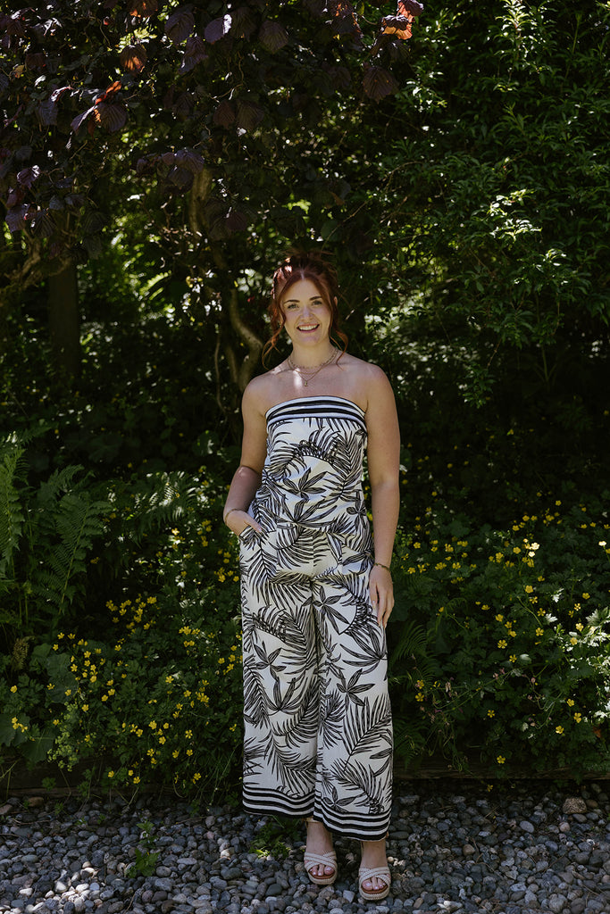 Palm Print Black & White Strapless Pant Set