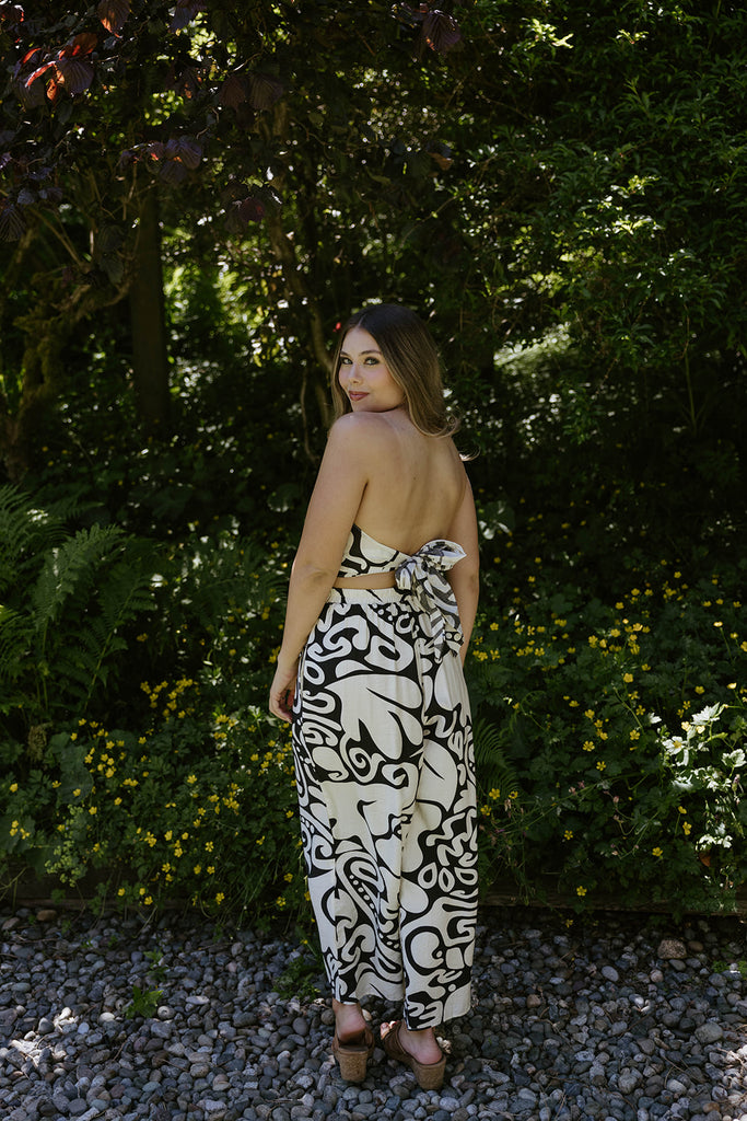 Abstract Print Top & Flowy Pant Set - Black