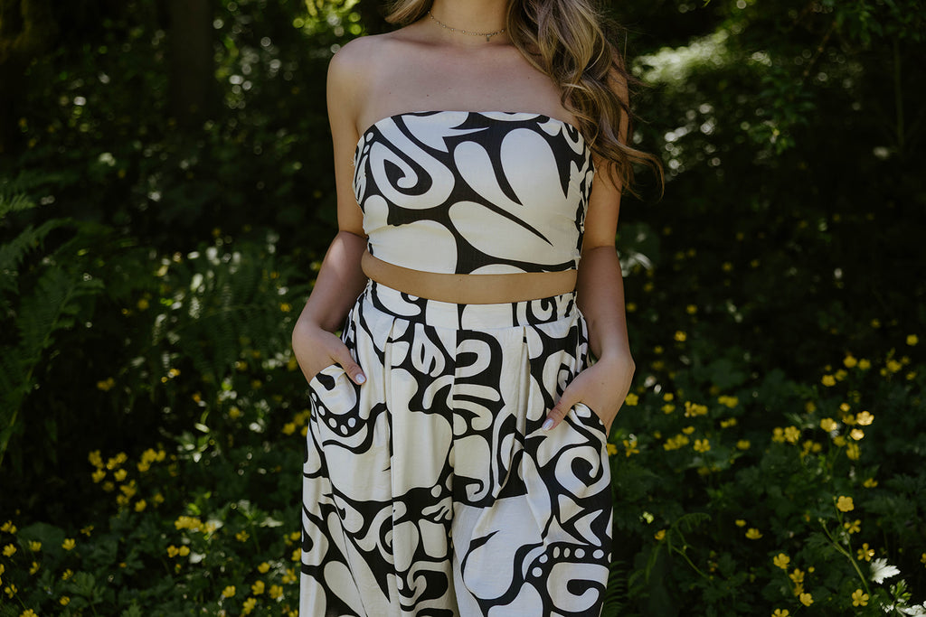 Abstract Print Top & Flowy Pant Set - Black