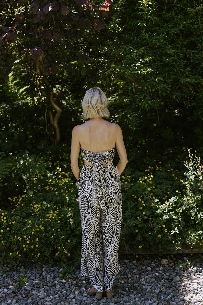 Palm Print Top & Pant Set - Black