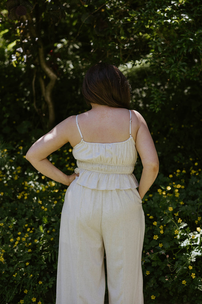 Linen Ruched Top & Flowy Pant Set - Oat