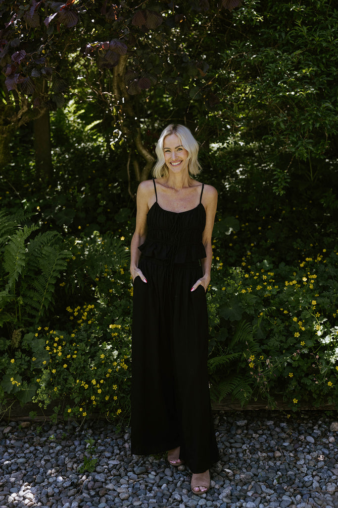 Linen Ruched Top & Flowy Pant Set - Black