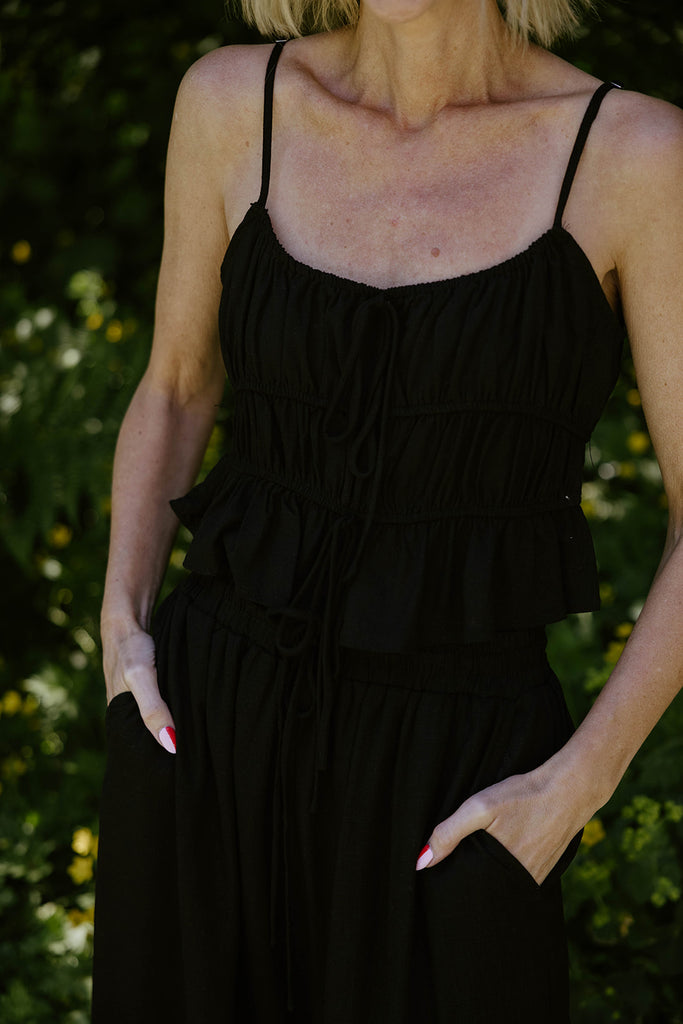 Linen Ruched Top & Flowy Pant Set - Black