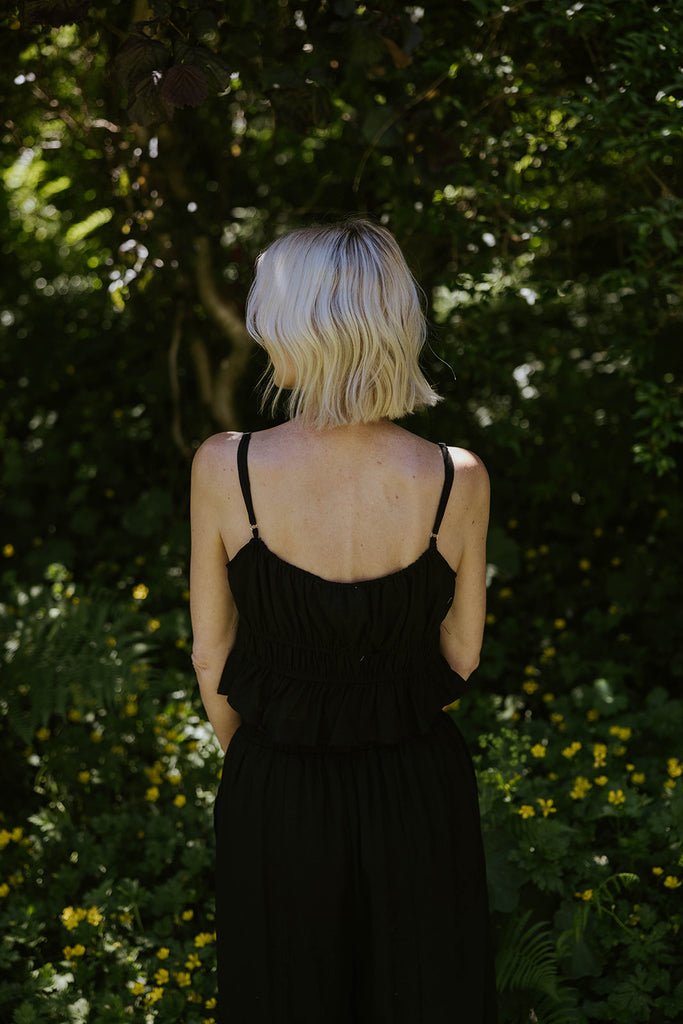 Linen Ruched Top & Flowy Pant Set - Black