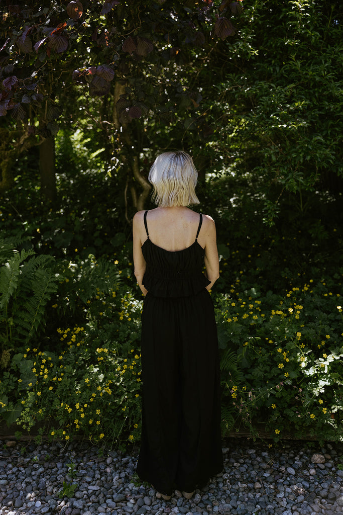 Linen Ruched Top & Flowy Pant Set - Black