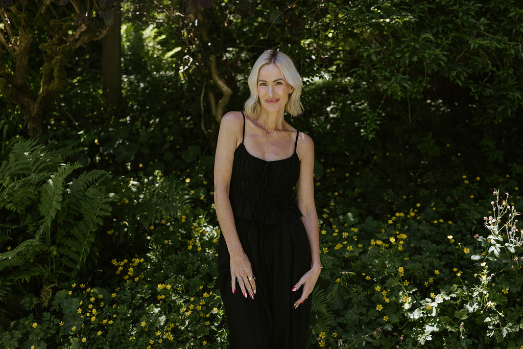 Linen Ruched Top & Flowy Pant Set - Black