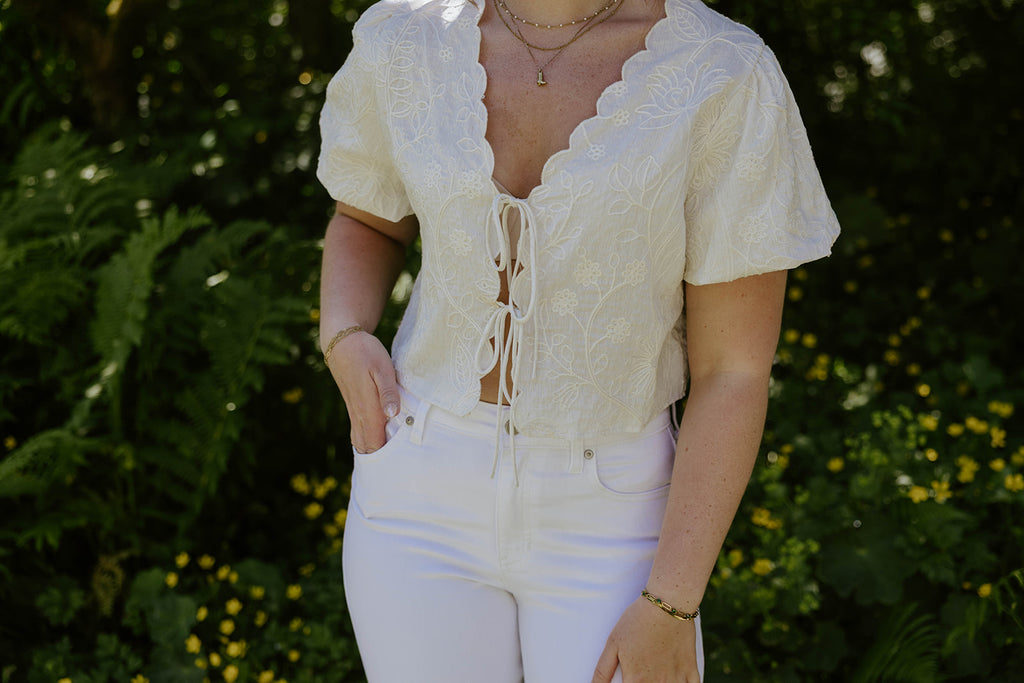 Embroidered Front Tie Shirt - Cream