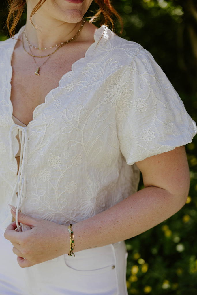 Embroidered Front Tie Shirt - Cream