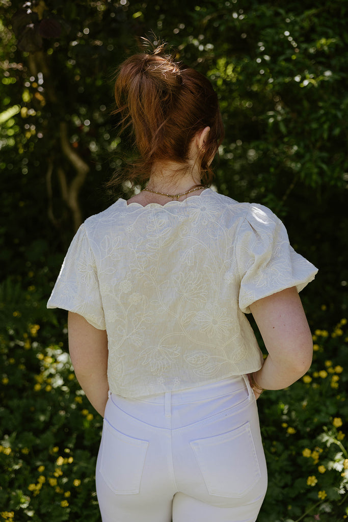 Embroidered Front Tie Shirt - Cream