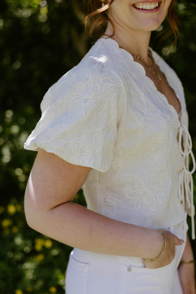 Embroidered Front Tie Shirt - Cream