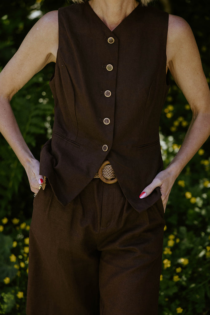 Linen Vest and Shorts Set - Brown