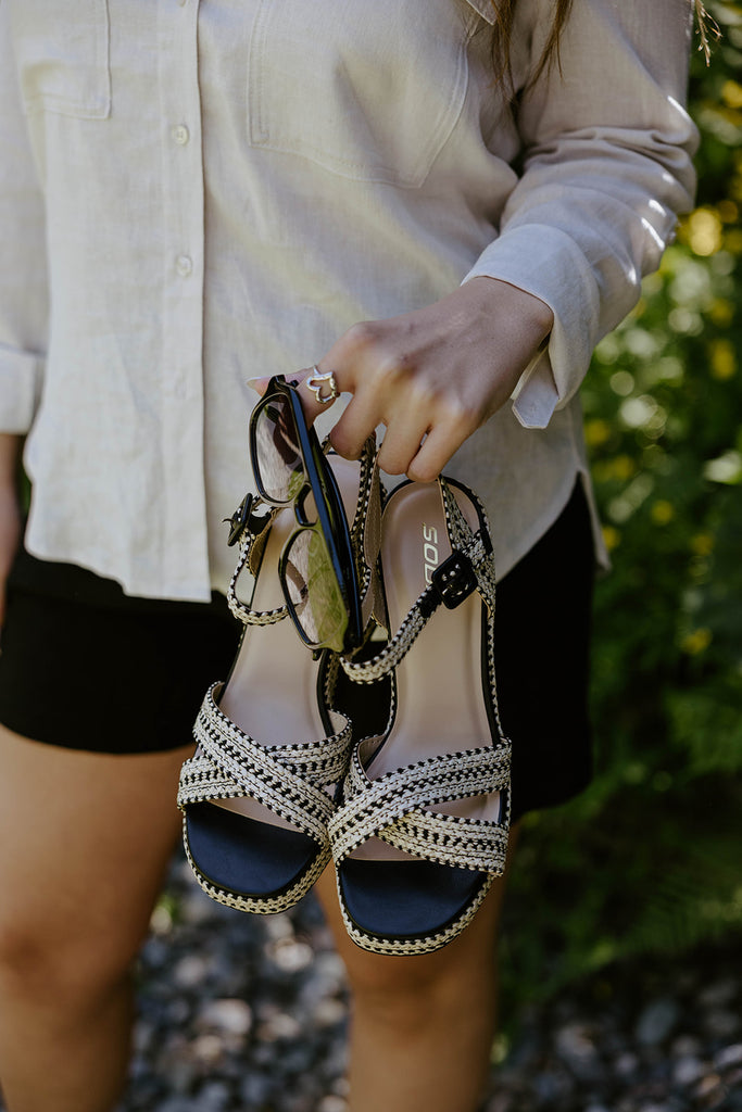 Woven Block Heel Sandal - Black