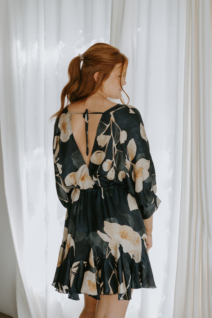 3/4 Sleeve Dolman Front Tie Mini - Navy Print