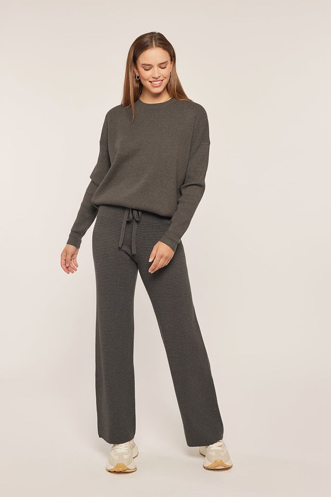 Waffle Textured Sweater & Pant Set - Charcoal