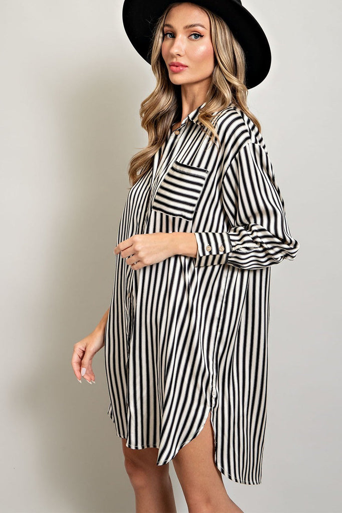 Pocketed Shirt Dress - Cream/Black