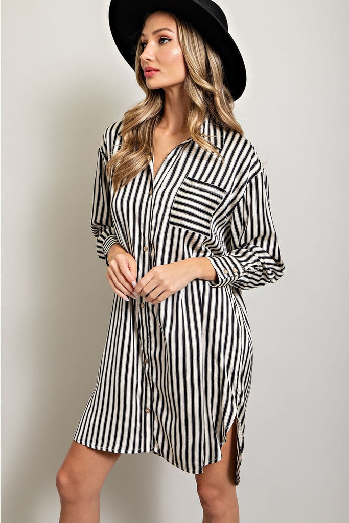 Pocketed Shirt Dress - Cream/Black