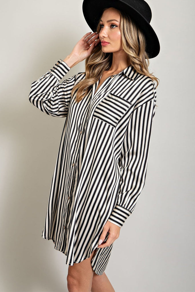 Pocketed Shirt Dress - Cream/Black