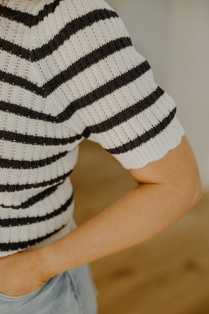 Scalloped Striped Sweater - Navy