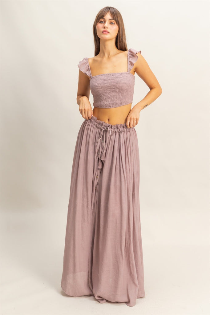 Boho Smocked Top & Maxi Skirt Set - Mauve