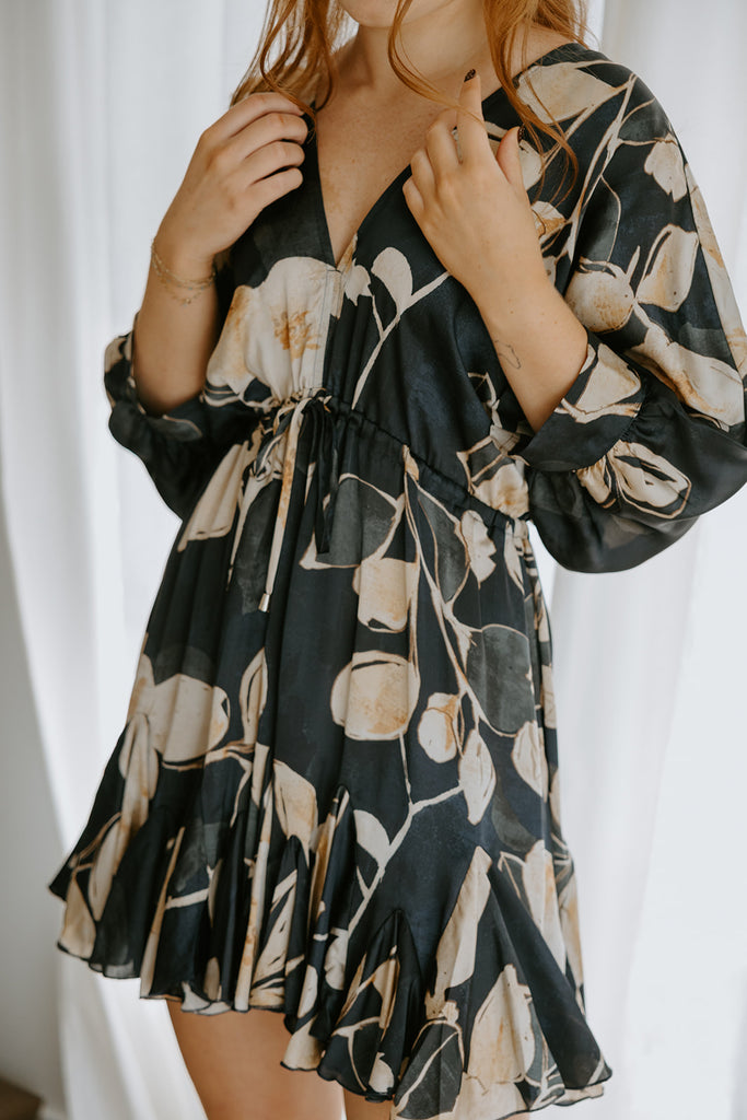 3/4 Sleeve Dolman Front Tie Mini - Navy Print