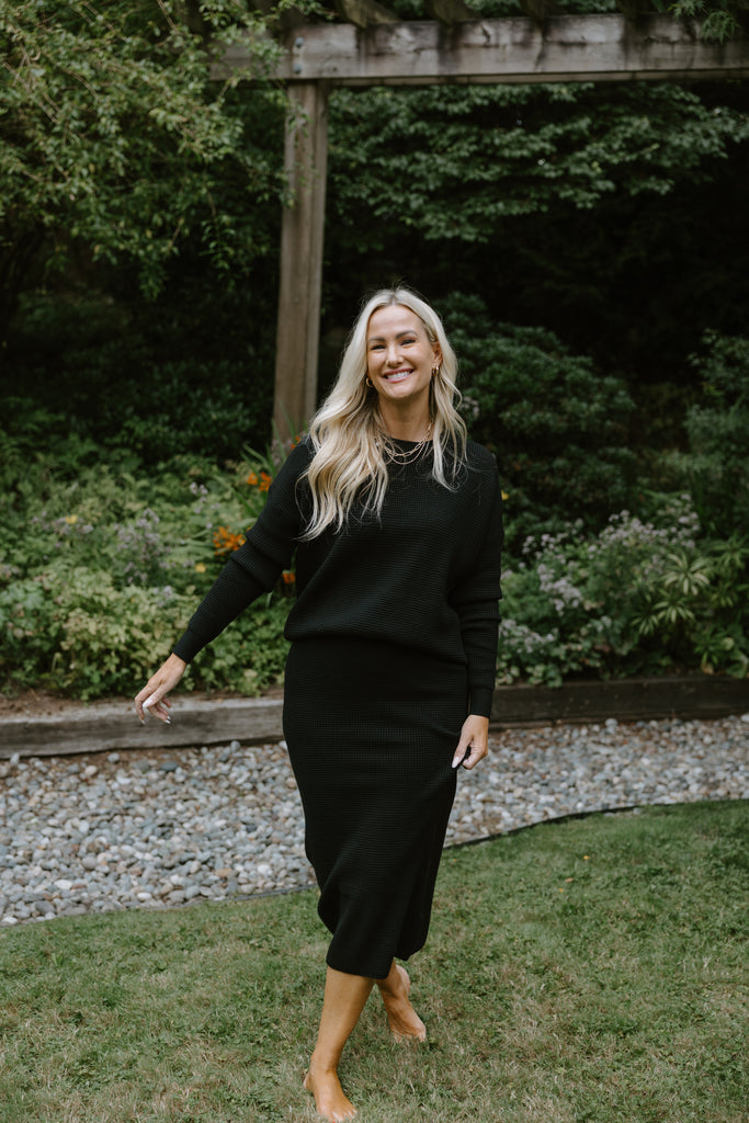 Waffle Sweater and Skirt Set - Black