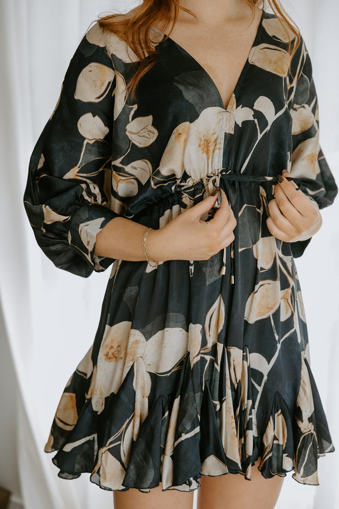 3/4 Sleeve Dolman Front Tie Mini - Navy Print