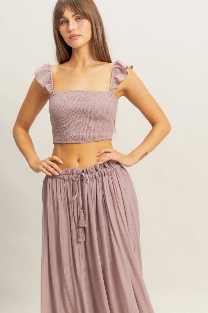 Boho Smocked Top & Maxi Skirt Set - Mauve