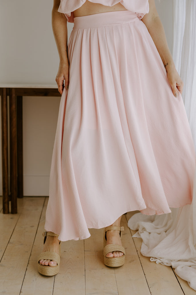 Bubble Top & Flowy Midi Skirt Set - Pink