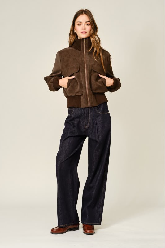 Rib Collar Faux Suede Jacket - Brown