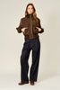 Rib Collar Faux Suede Jacket - Brown