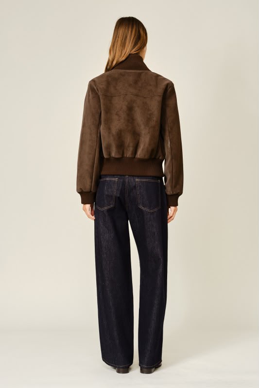 Rib Collar Faux Suede Jacket - Brown
