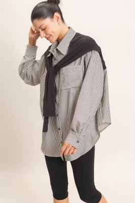 Long Sleeve Stripe Button Up - Blue