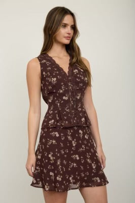 Floral Shirt And Mini Skirt - Brown