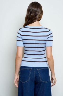 Striped 3/4 Sleeve Button Up - Dusty Blue