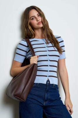 Striped 3/4 Sleeve Button Up - Dusty Blue