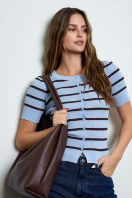 Striped 3/4 Sleeve Button Up - Dusty Blue