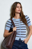 Striped 3/4 Sleeve Button Up - Dusty Blue