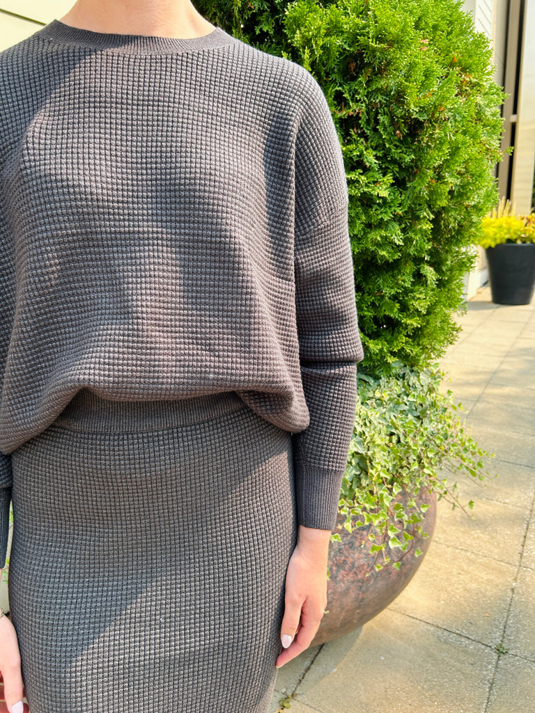 Waffle Sweater & Skirt Set - Heather Charcoal
