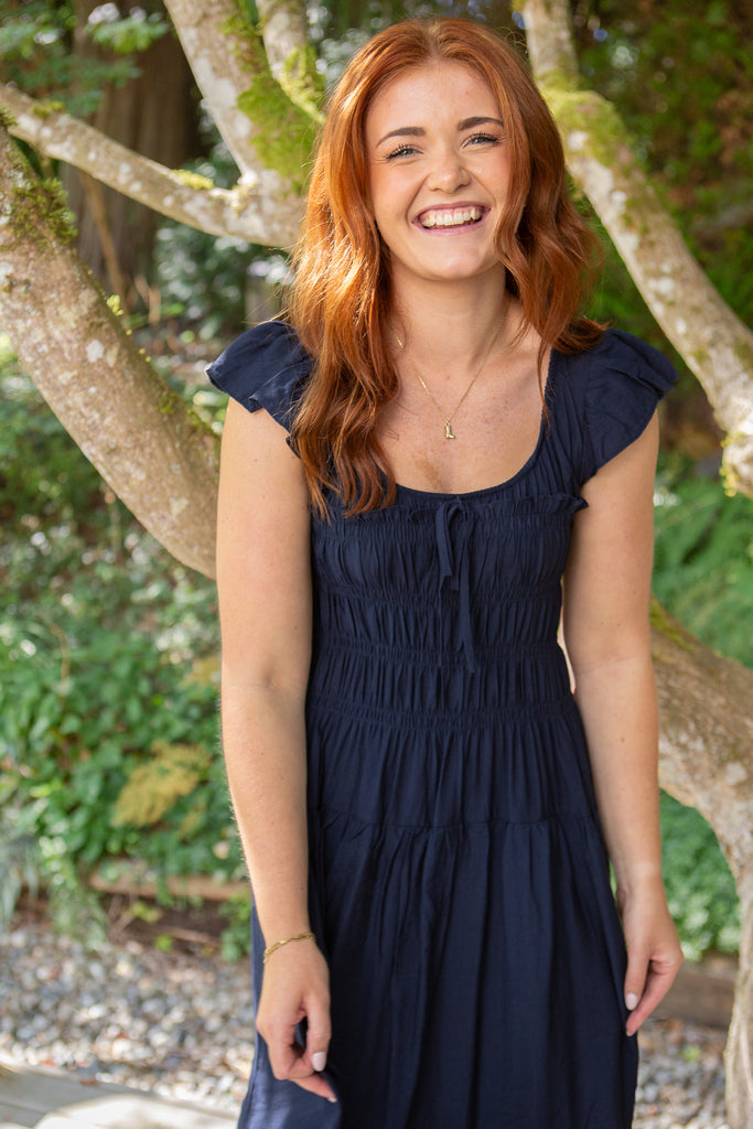 Flutter Sleeve Midi Dress - Navy