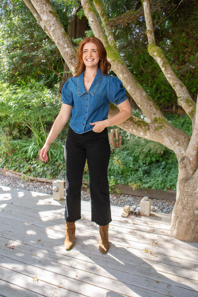 V-neck Puff Sleeve Shirt - Denim