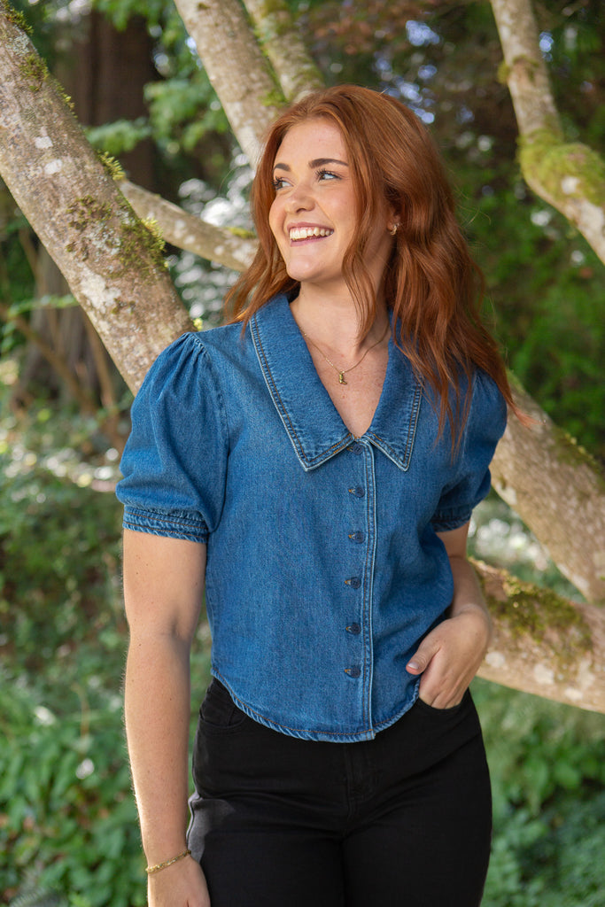 V-neck Puff Sleeve Shirt - Denim