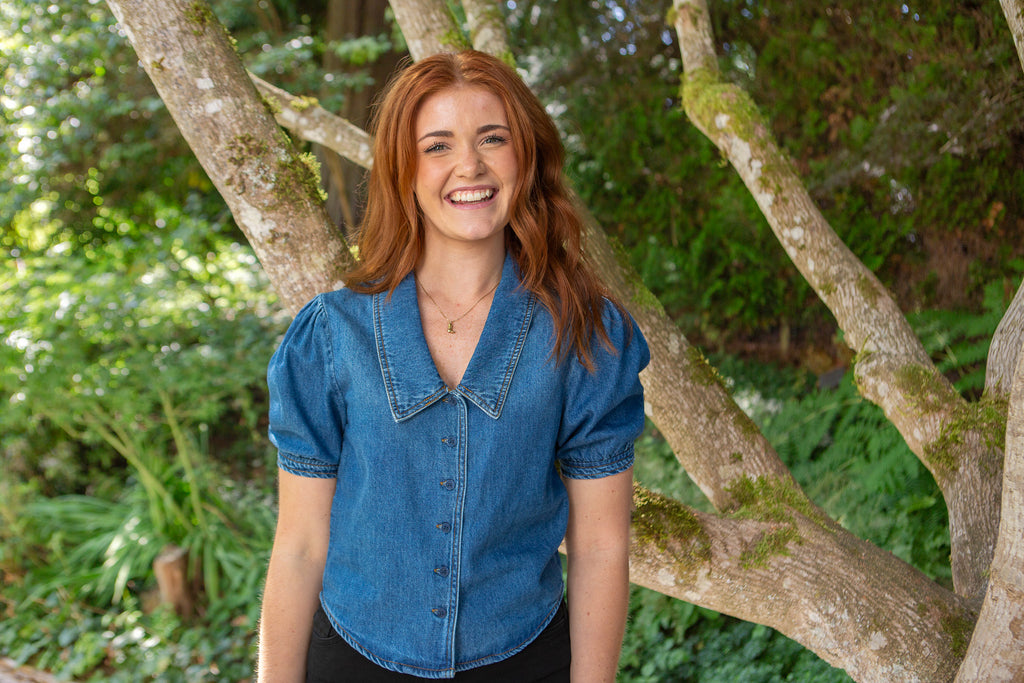 V-neck Puff Sleeve Shirt - Denim