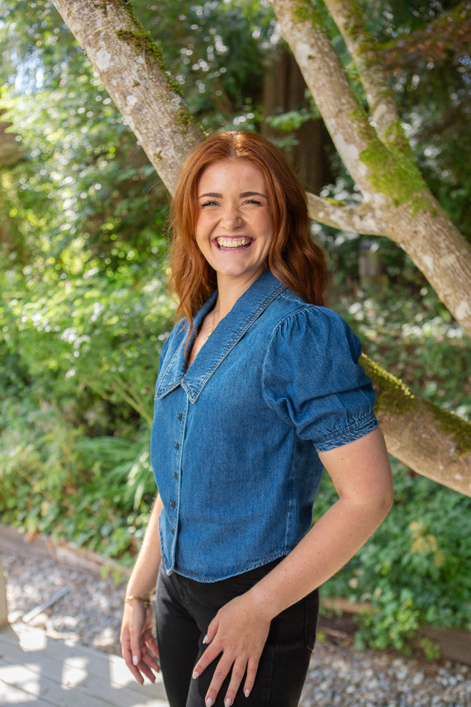 V-neck Puff Sleeve Shirt - Denim