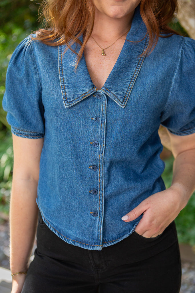 V-neck Puff Sleeve Shirt - Denim