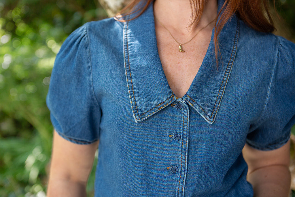 V-neck Puff Sleeve Shirt - Denim