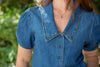 V-neck Puff Sleeve Shirt - Denim